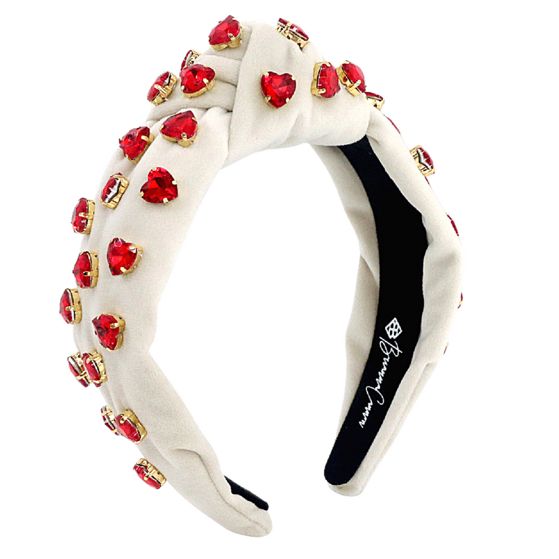 Ivory Velvet Headband with Hand-Sewn Red Heart Crystals