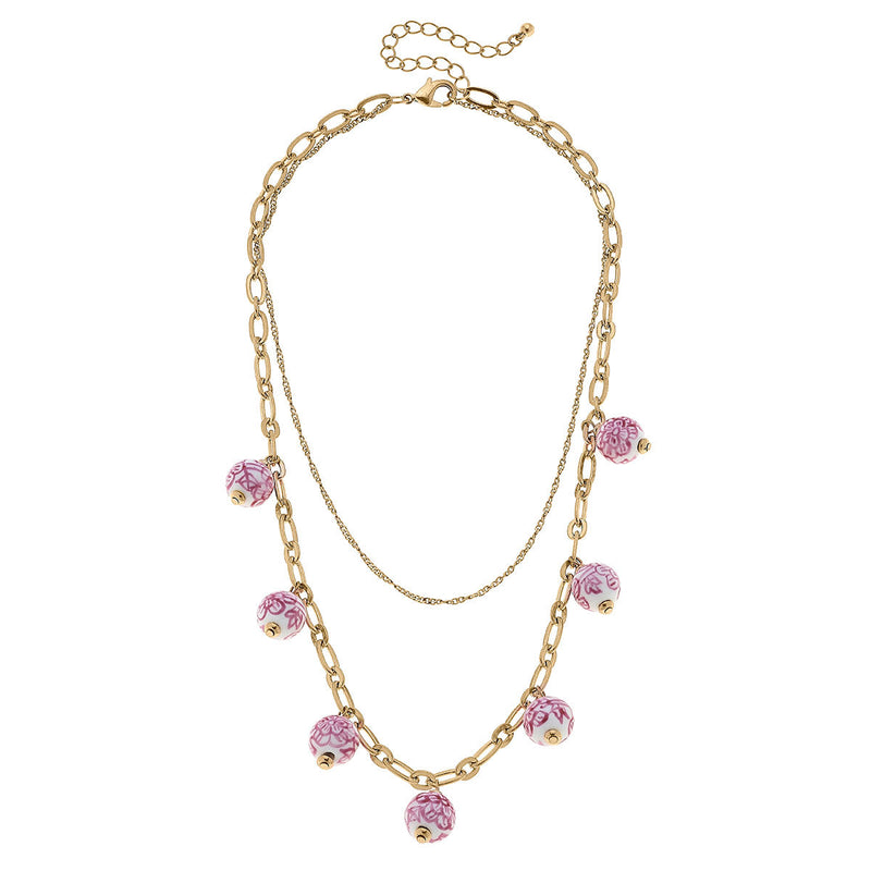 Paloma Chinoiserie Drip Necklace-Pink/White