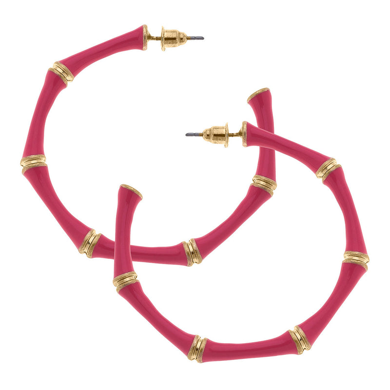 Celeste Enamel Bamboo Hoop Earrings- Pink