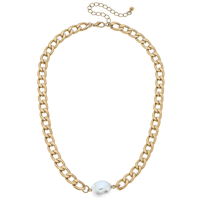 Maggie Baroque Pearl & Curb Chain Necklace- Worn Gold