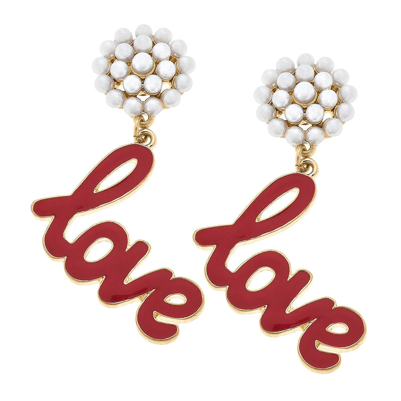 Love Pearl Cluster & Enamel Drop Earring- Red