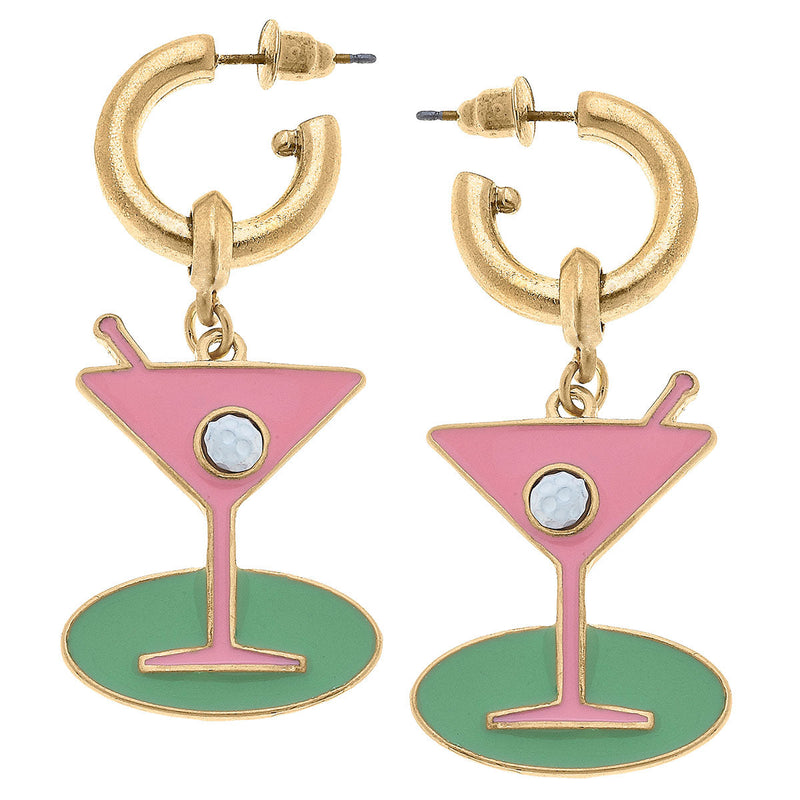 Country Club Martini Drop Hoop Earrings-Pink