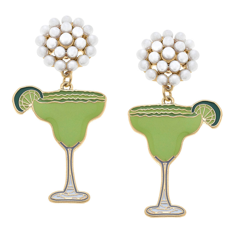 Margarita Enamel Pearl Cluster Earrings- Lime Green