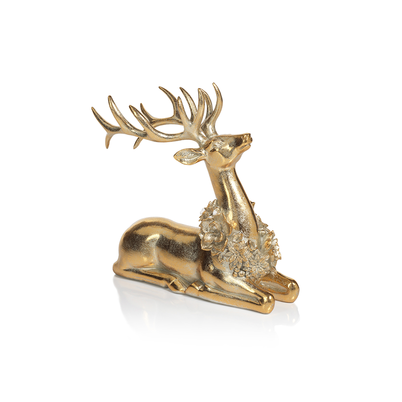 Golden Sitting Deer with Floral Wreath