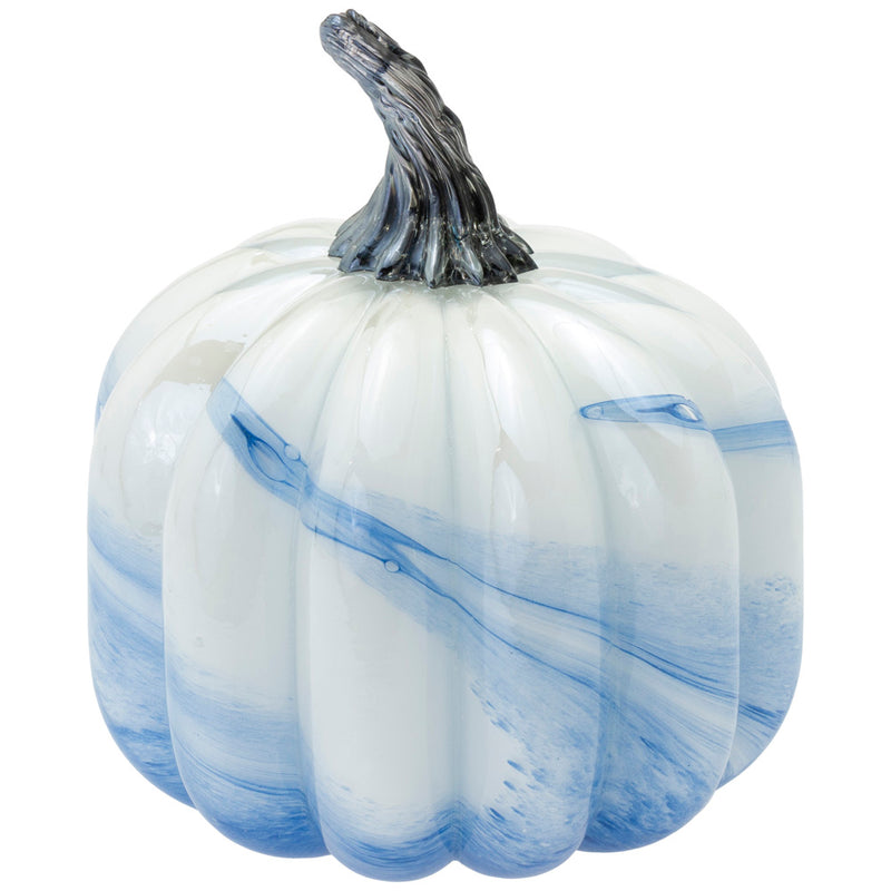 Medium White & Blue Swirl Glass Pumpkin