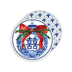 Tom Tom Holiday Asian Blue Ornament with Bow Round Coaster