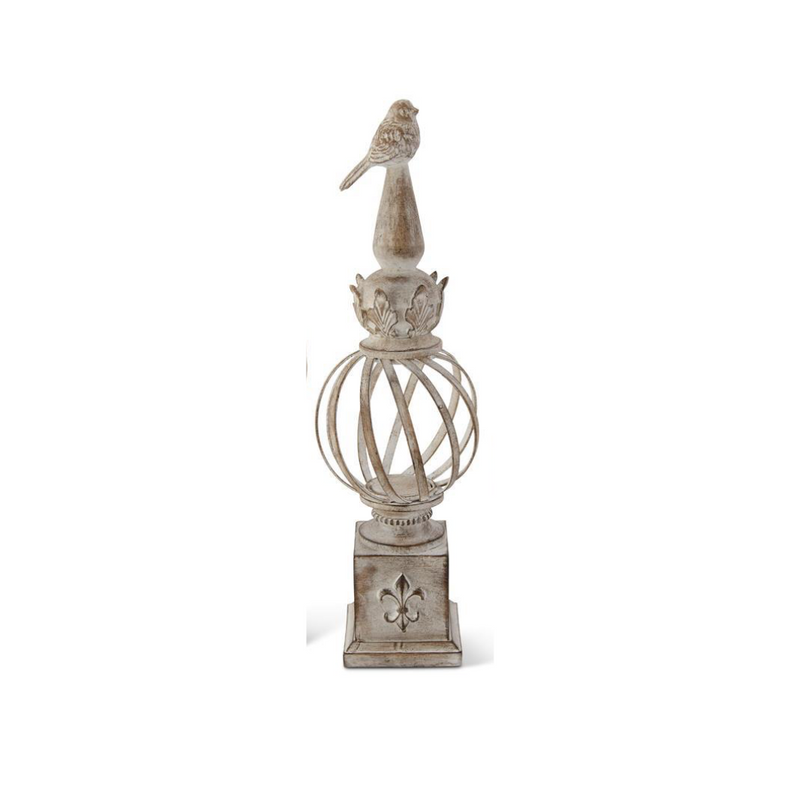 Whitewashed Metal Ball Finials with Bird