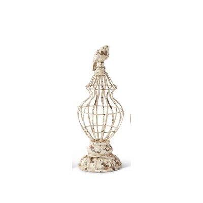 Whitewashed Metal Cage Finials with Bird Tops