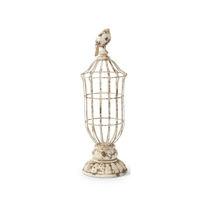 Whitewashed Metal Cage Finials with Bird Tops