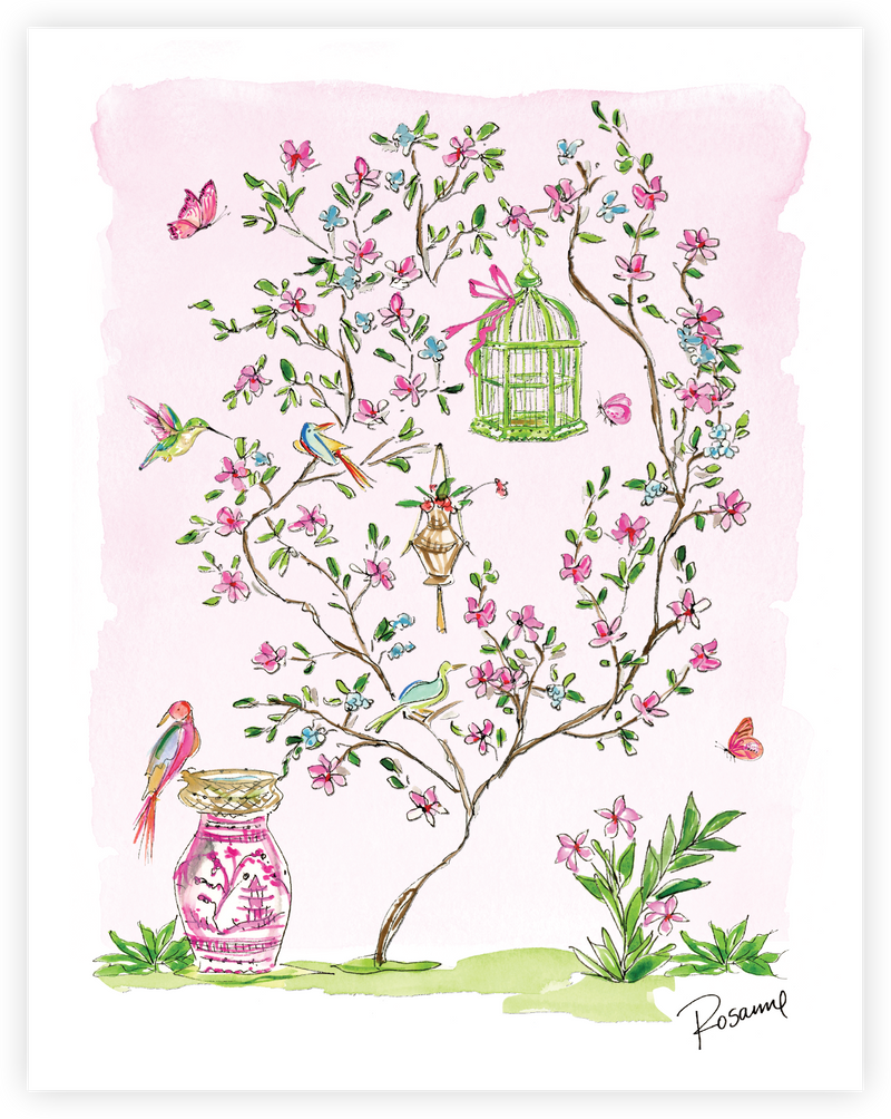 Handpainted Pink Enchanted Garden with Bird Cage Art Print