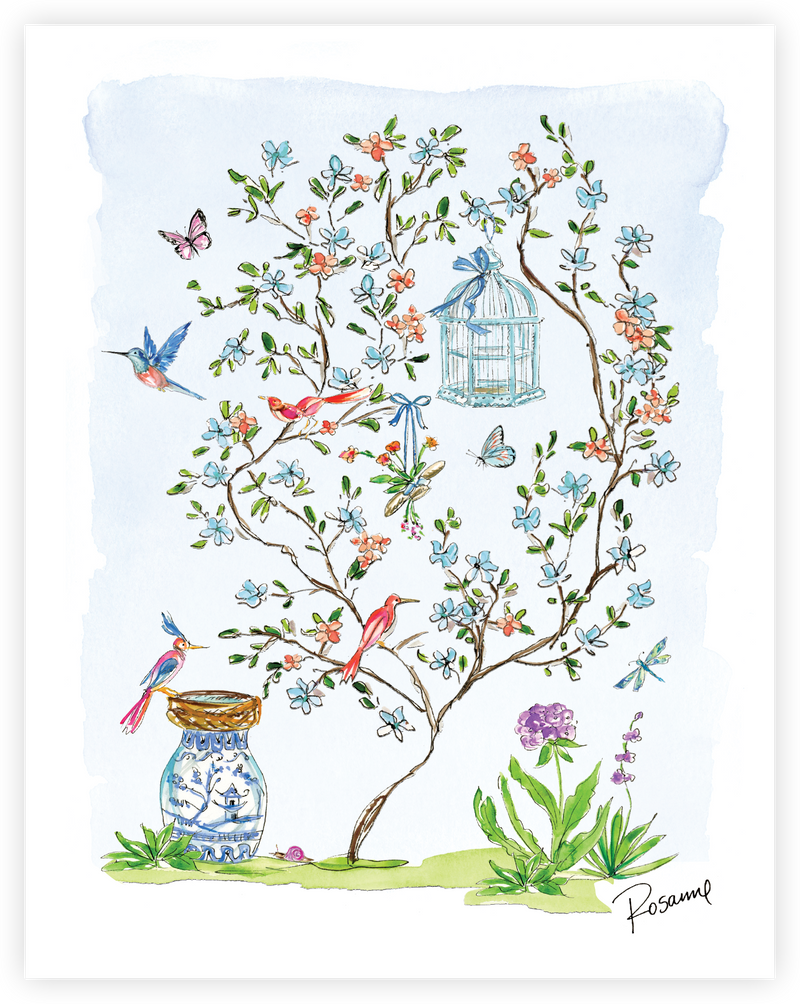 Handpainted Blue Enchanted Garden with Bird Cage Art Print