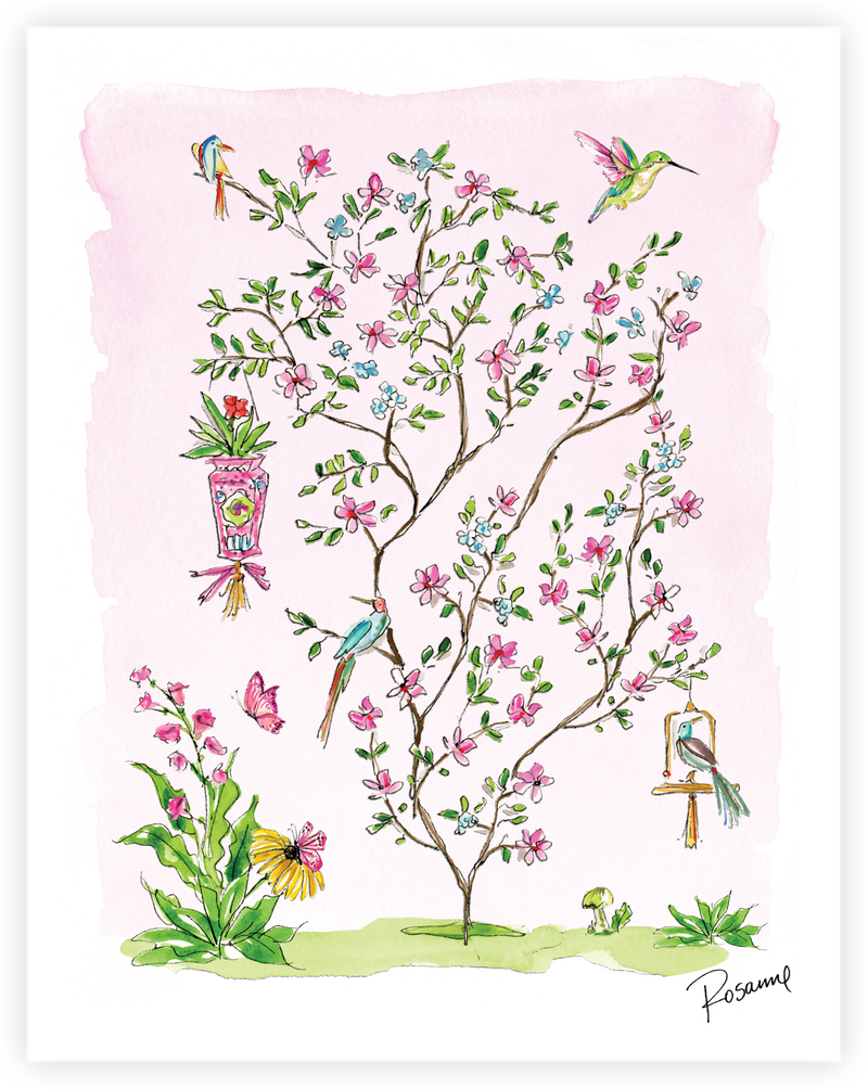Handpainted Pink Enchanted Garden with Hanging Planter Art Print